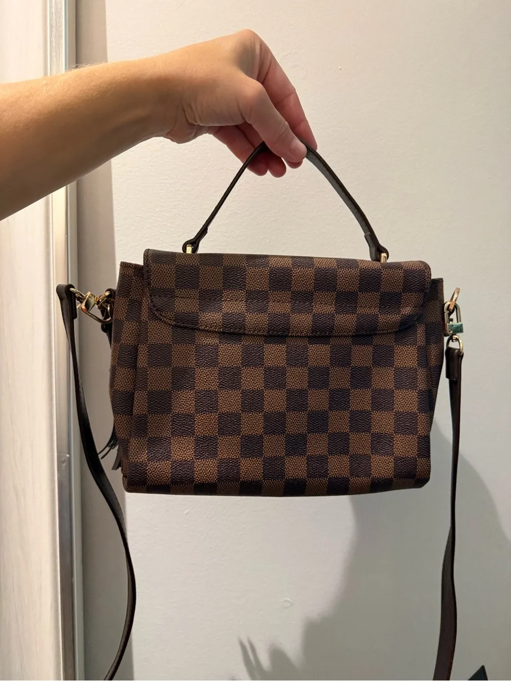 Designer-Style Brown Checkered Top-Handle Satchel with Tassel